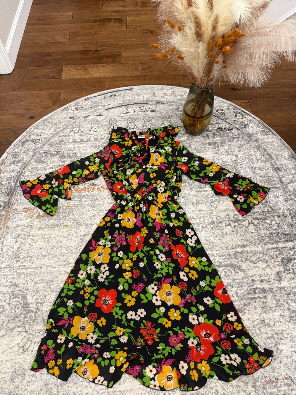 Black Floral Midi Dress with Ruffle Neck and Bell Sleeves by